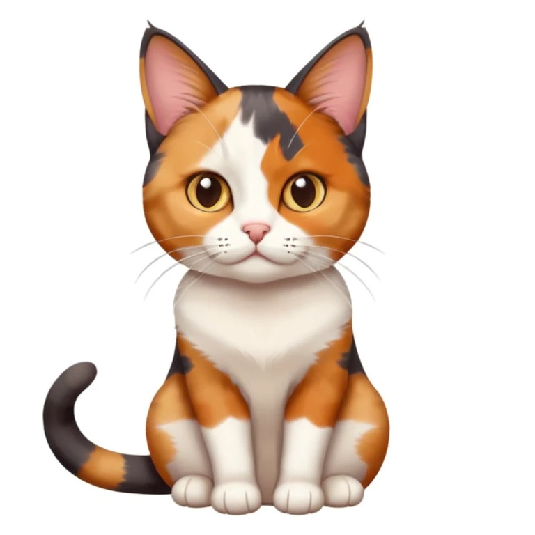 three colour calico cat, 2 point perspective, sitting, cute, simple emoji