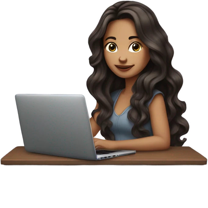 beautiful girl with long dark brown hair blow out, with laptop emoji
