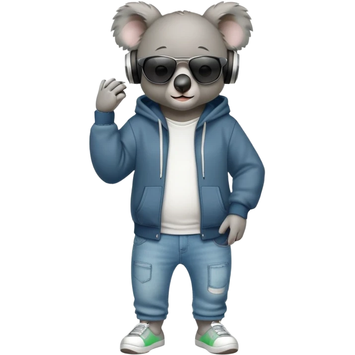 anthropomorphised koala full body wearing a hoodie and jeans dark sunglasses headphones different pose emoji