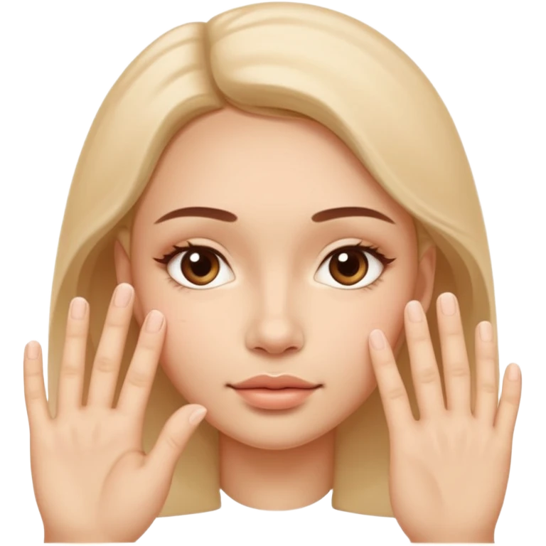 Simple wellness-style emoji of a face with a hand gently pressing and guiding facial fullness downward and outward, showing reduced face fat and puffiness, clear slimming effect on cheeks, natural and healthy look, no makeup emoji