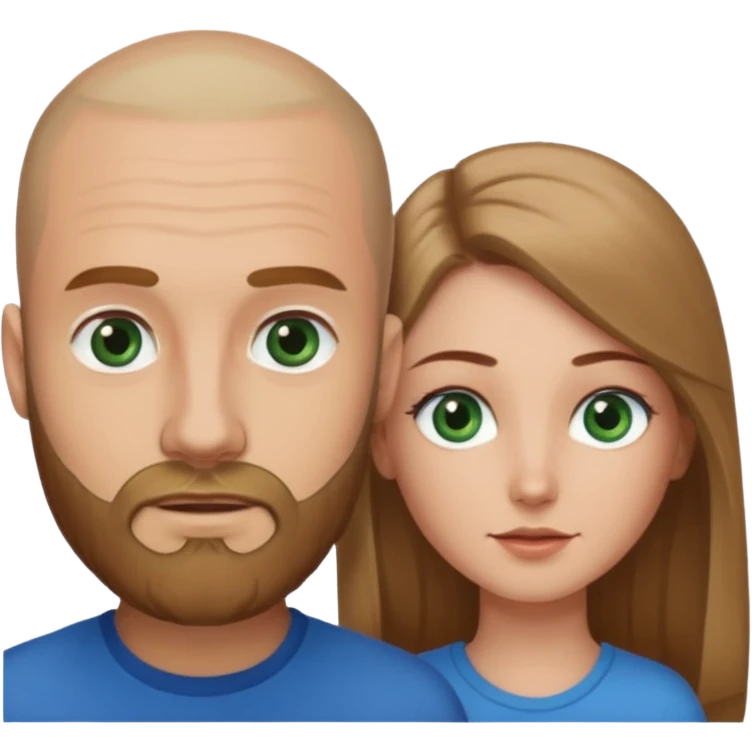 Man on left with shaved head with dark blonde beard and blue eyes and woman on the right with long brown hair green eyes  emoji