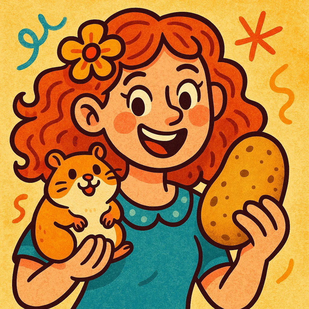 a woman with a hamster and a potato, playful illustration emoji
