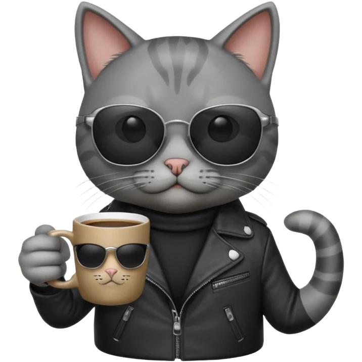 Gray cat, wearing sunglasses, leather black jacket, holding coffee mug emoji