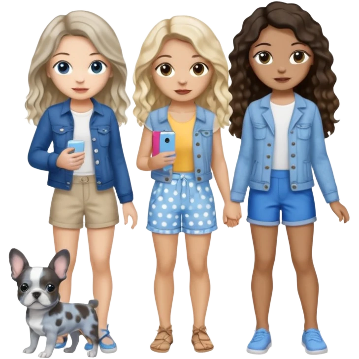Three women in summer clothes, hazel eyed light skin with dark blonde long hair holding blue spotted Merle Frenchie and Brown eyed light skin black long wavy hair and blue eyed light skin long blonde hair with blue spotted Merle Frenchie emoji