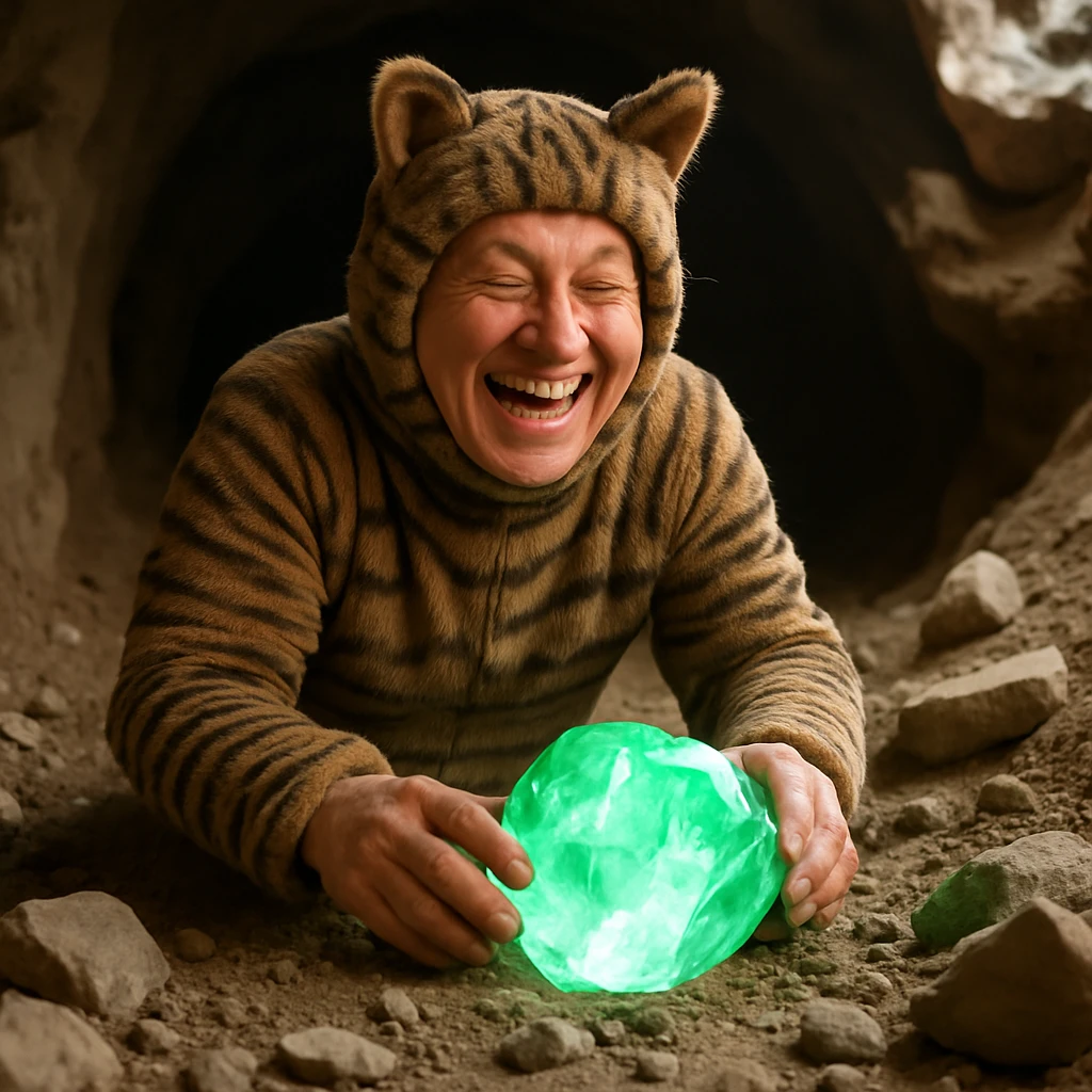 Make the miner in the cat costume look happy, with a joyful facial expression and cheerful body language, while still discovering the huge emerald underground, in a photorealistic style. emoji