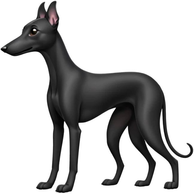 cinematic-[black greyhound]-realistic-full-body-sitting-emoji,-tail-resting-loosely-beside-its-paws,-head-tilted-dramatically, ears drooped, -sleek-[black]-fur,-simplified-yet-realistic-focused-features,-highly-detailed,-glowing-with-an-almost-sarcastic-glow emoji