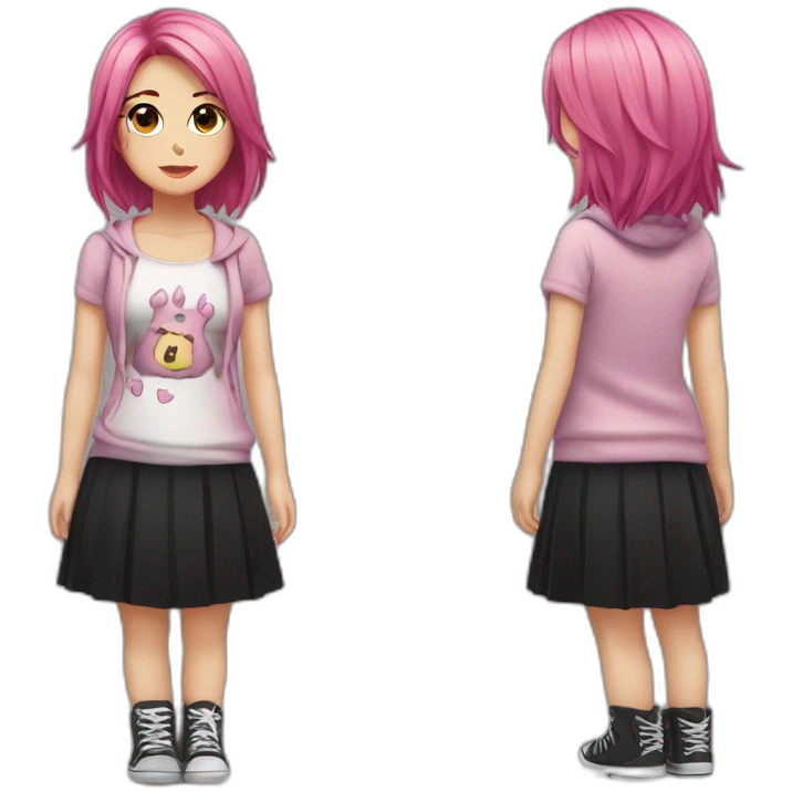 Full body Front view curvy emo girl pink hair sits on the floor straight view hands up black skirt полосатые рваные чулки emoji