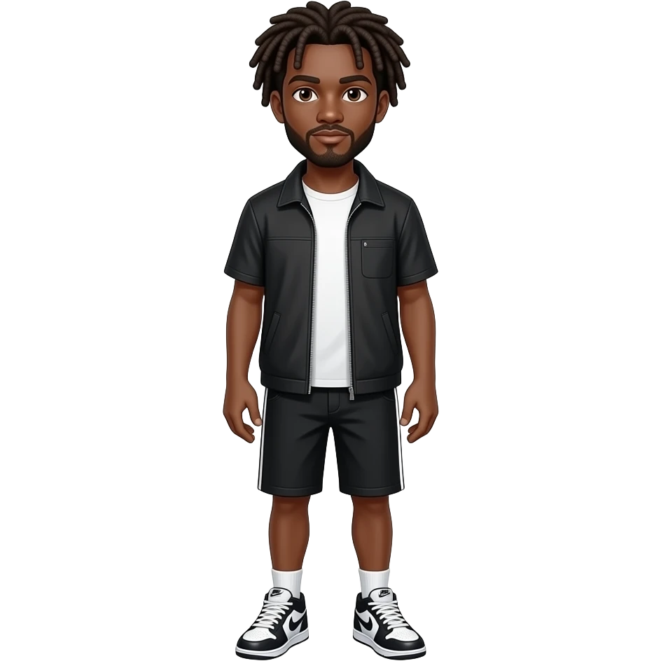 A tall black teenager boy with dreads and half beard whole body with black and white cloths and Nike shoes emoji