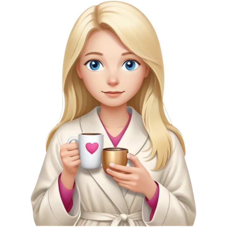 girl
blue eyes
long blond hair
wearing housecoat
holding a white mug of coffee that says mom
wearing rose gold apple watch  emoji