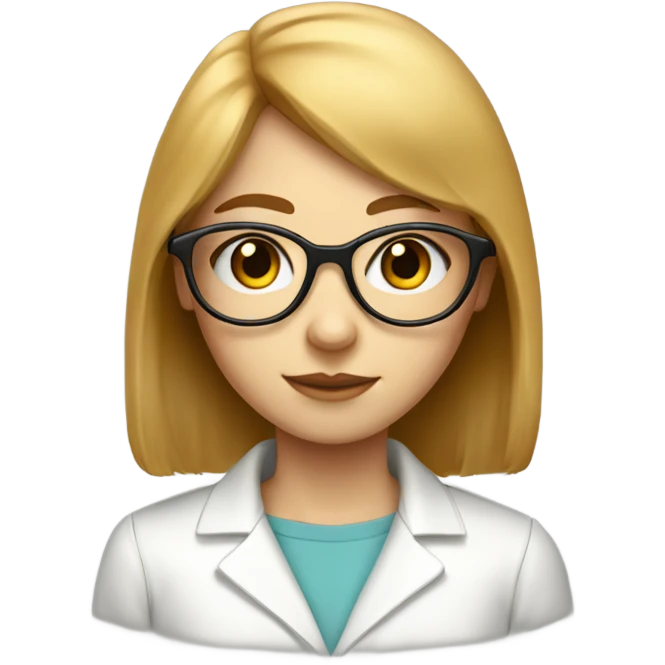 A pale readhead girl with fluffy straight hair and bangs, wearing gold slim eyeglasses and a lab suit emoji
