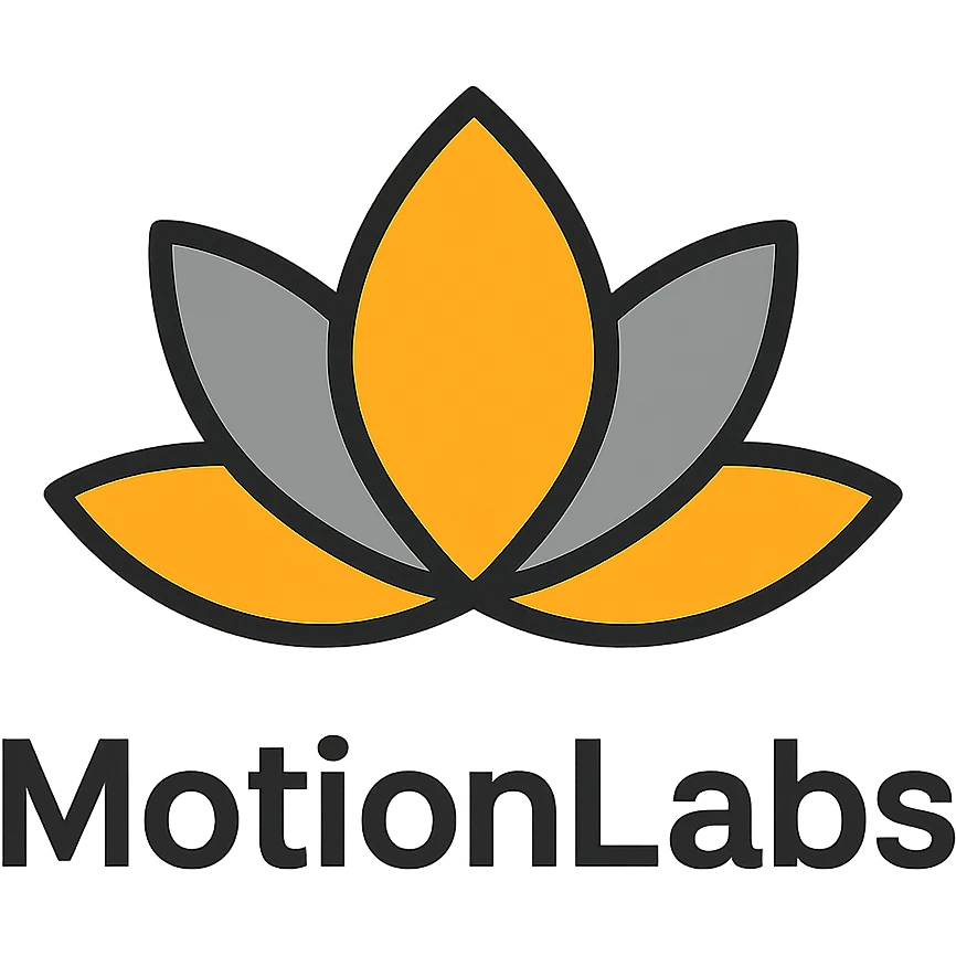 modern luxury logo for MotionLabs with abstract lotus, colors #ffa31a, #808080, #292929 emoji