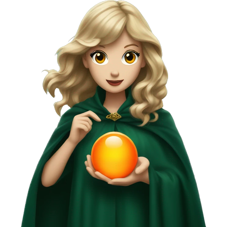 Taylor swift in dark green cloak holding an orange glowing orb emoji