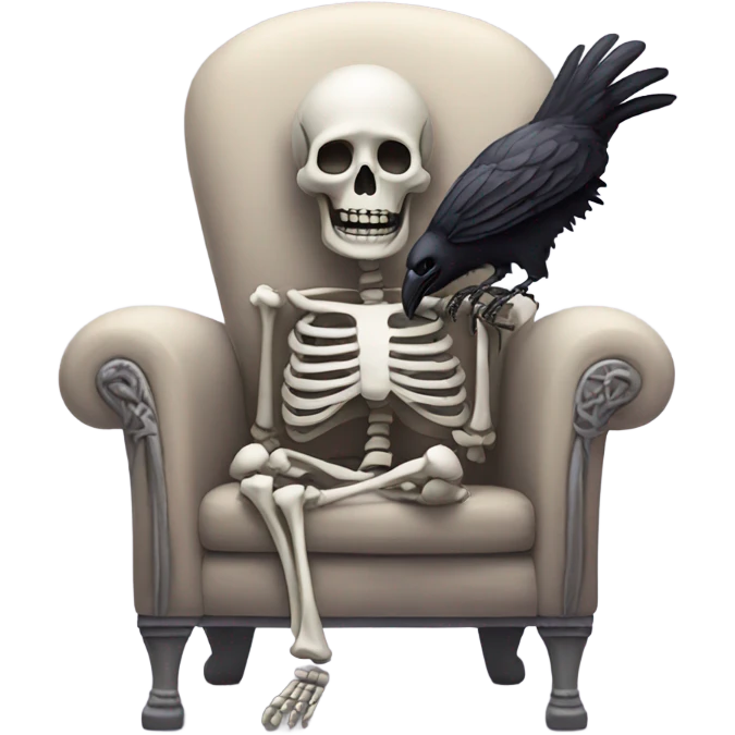 Skeleton reading while sitting on fluffy chair with bow on their head and a raven emoji