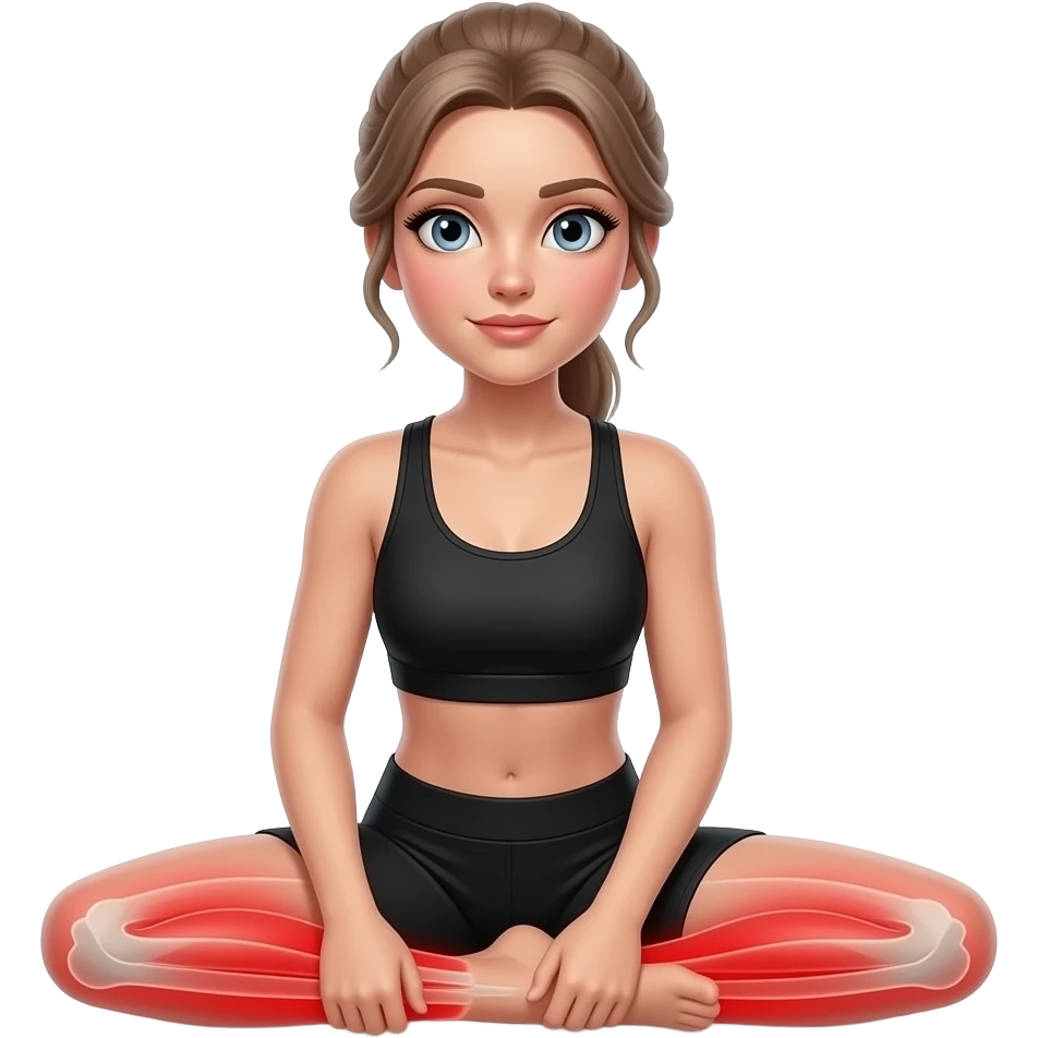 all leg pain, red glow on all thighs and all legs, woman holding one leg, fair-skinned woman, gray-blue eyes, ash brown brows, ash light brown hair tied back, slim athletic body, black workout set emoji