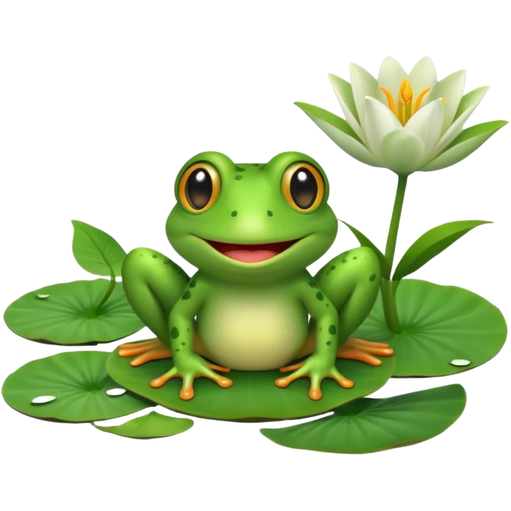 A cute 3D cartoon frog sitting on a lily pad, bright green skin, big friendly eyes, smiling face, soft natural lighting, Memoji-style rendering. emoji