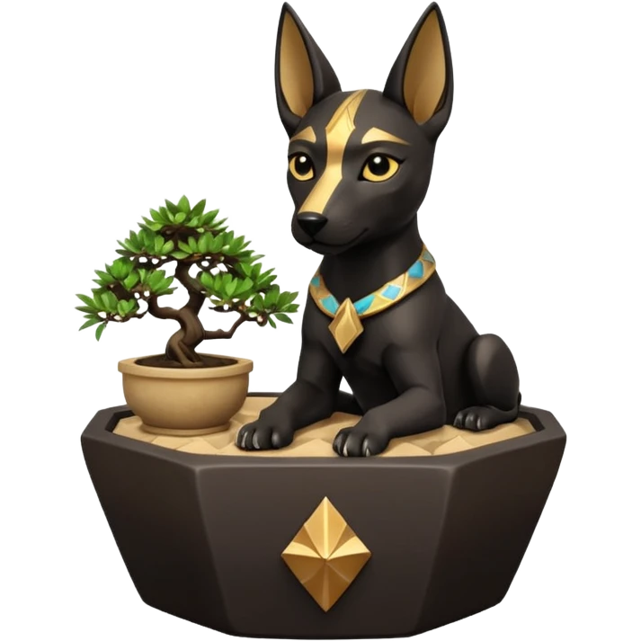  Soothing silky black fur Anubis tiny statuette puppy stony cracked irregular dodecagon bonsai pot  emoji