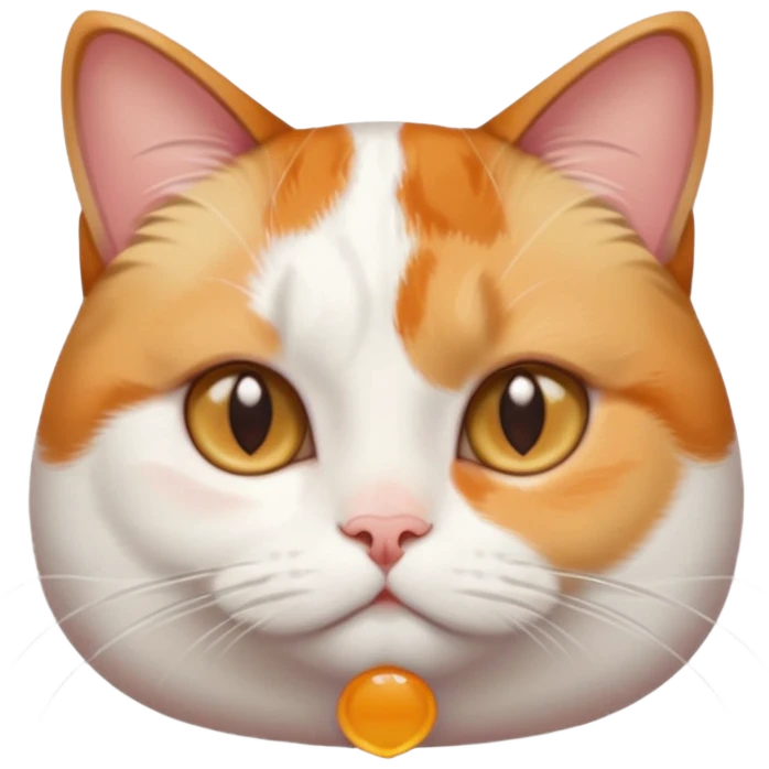 calico and white cat with small head, hazel eyes, and short but chubby body emoji
