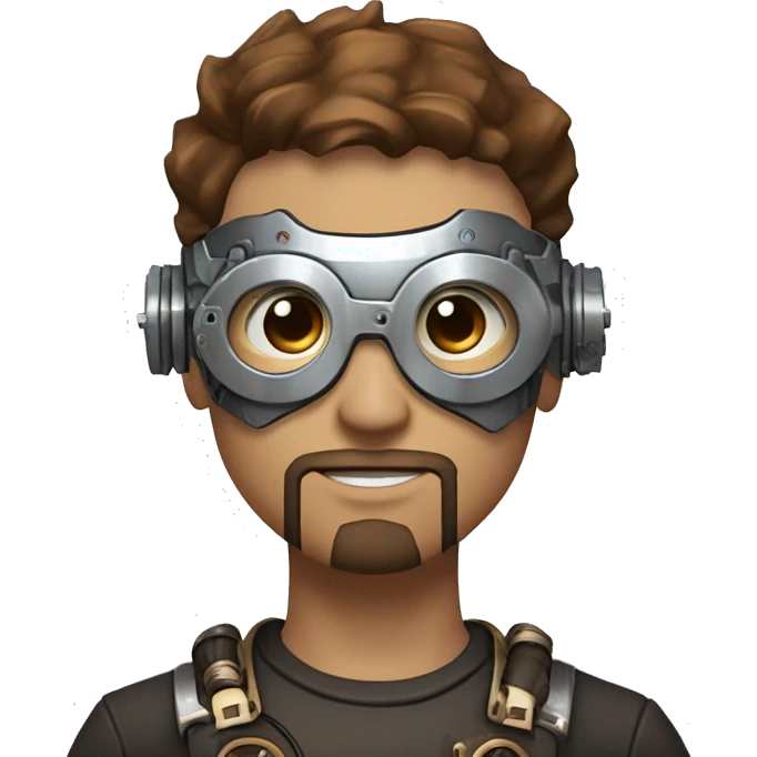 male cyborg head with brown short hair, brown beard, silver steampunk goggles and circuits emoji