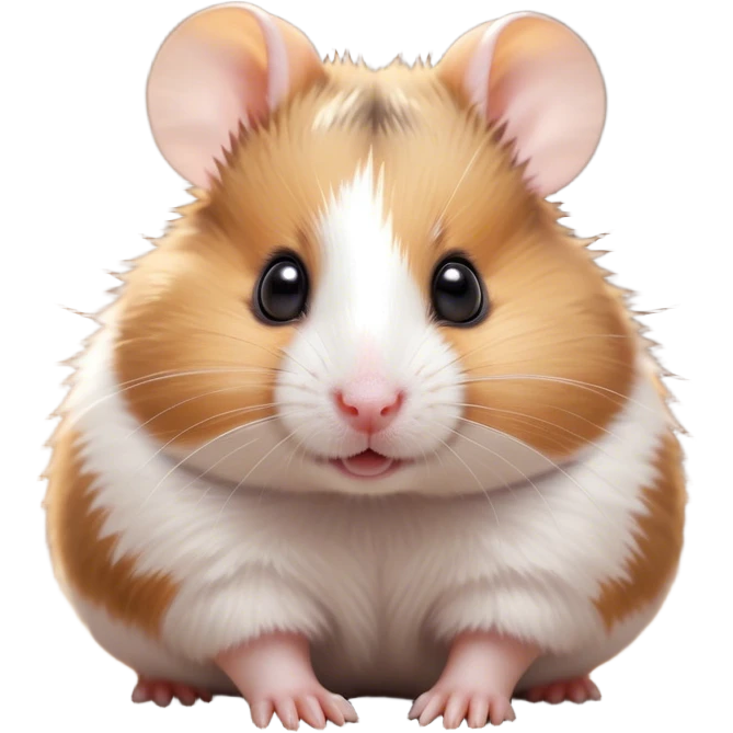 Cinematic Cute Brown and White Banded Hamster Portrait Emoji, Head tilted playfully and inquisitively, showcasing a fluffy fur with playful brown and white banded patterns, round, sparkling dark eyes filled with curiosity, Simplified yet irresistibly adorable features, highly detailed, glowing with a warm, friendly glow, high shine, affectionate and lively, stylized with a touch of whimsy, bright and endearing, soft glowing outline, capturing the essence of a mischievous yet loving hamster, so playful it feels like it could dash out of the screen and into your arms! emoji