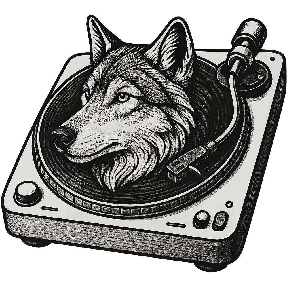 illustrative style platine vinyle with the platter replaced by an integrated wolf head, clear details, transparent background emoji