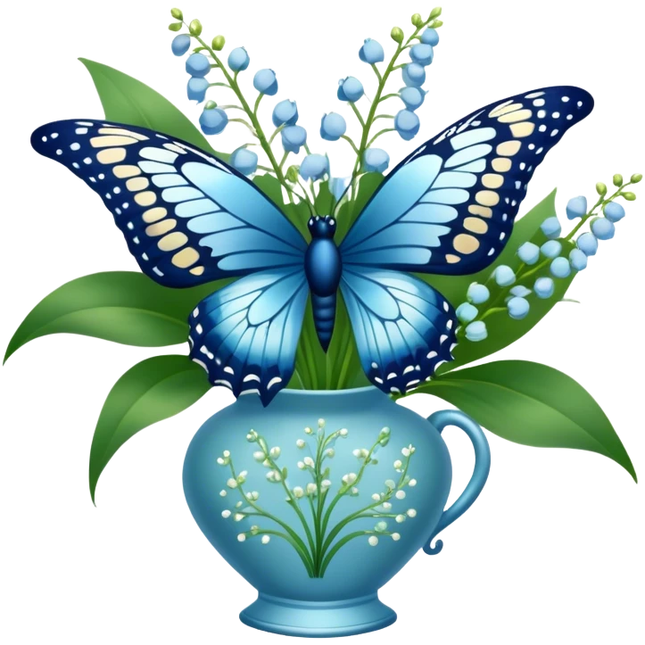 Aesthetic butterfly with blue light and navy wings sitting on a dark green bouquet of lily of the valley in a pastel blue vase emoji