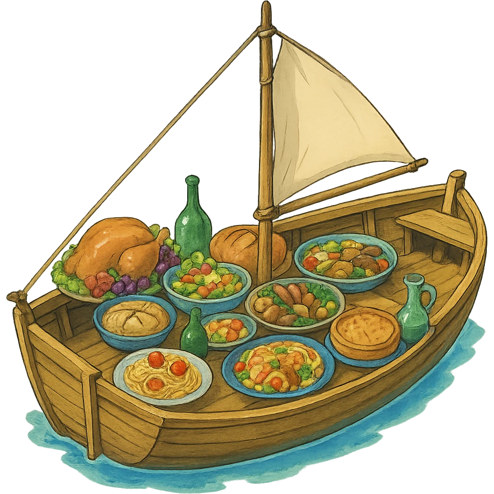ghibli style illustration of a boat with a feast on board emoji