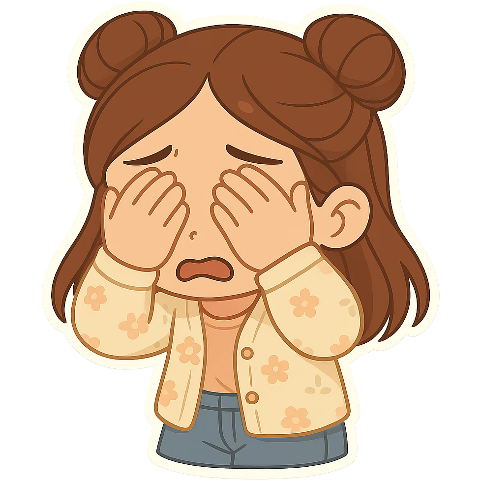 Create a chibi sticker of the same girl, covering her eyes in fear. She has brown straight hair in double buns, brown eyes, wearing a pastel floral cardigan and jeans. The sticker should have a white outline and transparent background, 512x512px. emoji