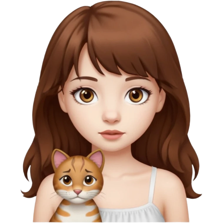 Pale skinned waisian girl with brown hair and dark brown eyes. She has bangs and her hair is slightly big wavy and long. She has big cat looking eyes and long lashes. Make her wear a white tube top. emoji