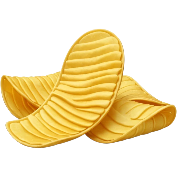 2 to 3 potato chips, golden, curved, slightly overlapping, crispy edges, light texture, warm yellow-gold, surface bubbles, 3D, minimal, soft shadows, no packaging, no bowl, no branding, no anthropomorphic features, transparent background, emoji scale emoji