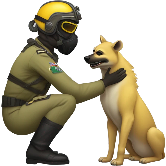 Yellow army Pilot with black mask googles, and then a big hyena kissing kissing him emoji