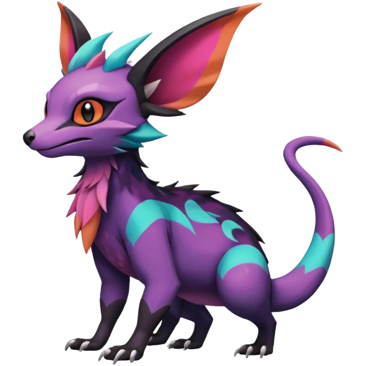 Rare epic aesthetic colorful Noivern-Salandit-Noibat-Eevee-Civet-species-Fakemon-hybrid-creature, with markings, full body emoji