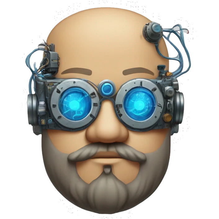 Bearded Fat bald cyborg head with tan skin, blue steampunk goggles and circuits emoji