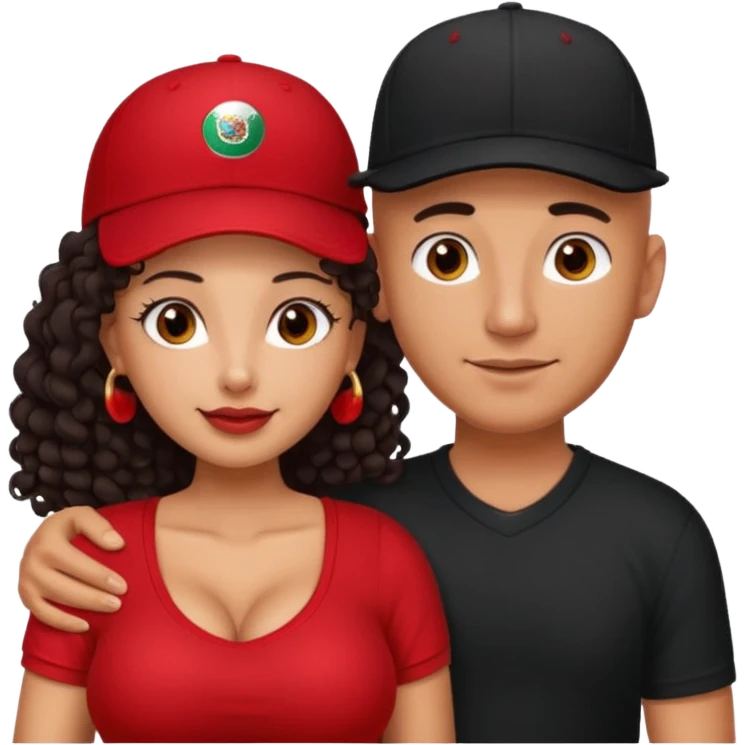 A picture of an embracing tanned couple. the man is a Mexican man with tanned skin, with a bald hair cut wearing a red baseball hat and wearing a black shirt. the woman is mixed, with glasses,  with long curly dark brown hair and with big boobs. Remove the glasses from the guy emoji