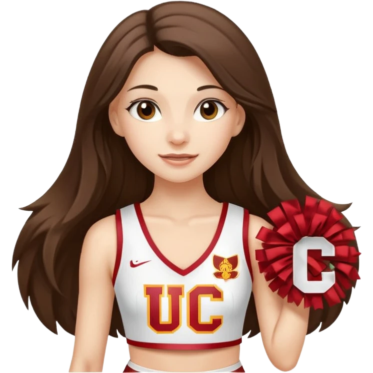 skinny white happy long haired brunette girl in a white USC cheerleader outfit with the letters USC emoji