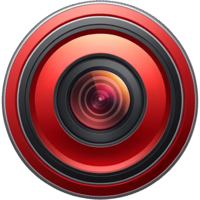 A round camera lens, minimalist, with highlights, red emoji