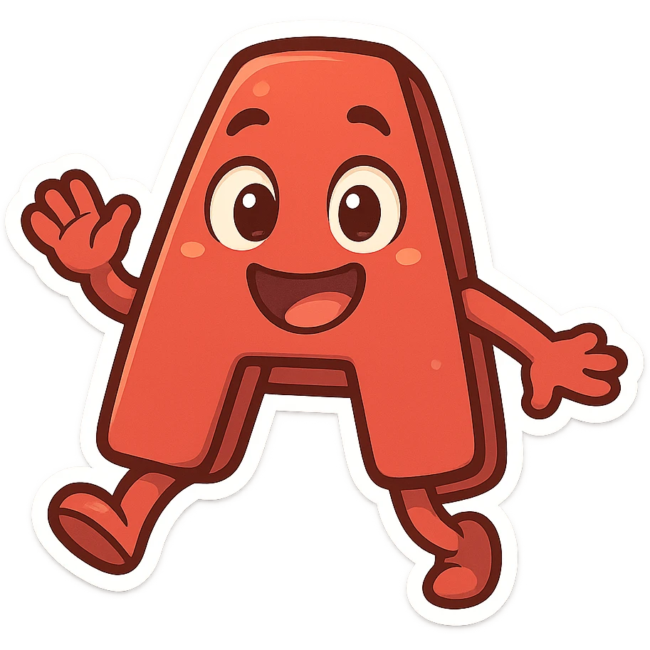 funny animated letter A with eyes and smile, cartoon style, bright colors, dynamic pose, transparent background emoji