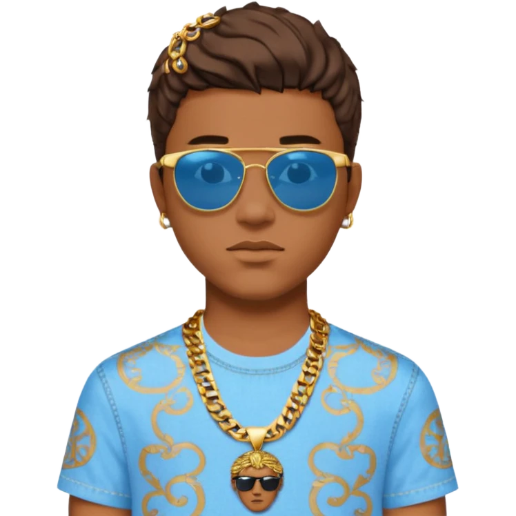 young man emoji with short brown hair, sunglasses on head, blue Versace shirt with gold patterns and Medusa logo, chain necklace, light blue jeans emoji