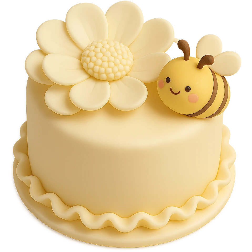 Add a cute bee next to the white flower in fondant cake art style, keeping the cake-like appearance and colors consistent. emoji