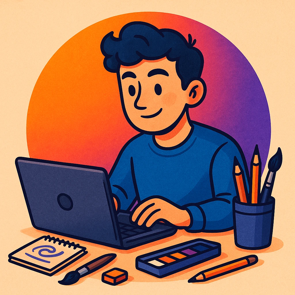 A male character with a laptop, surrounded by artistic materials, with a vibrant orange and purple circle gradient as the background. emoji