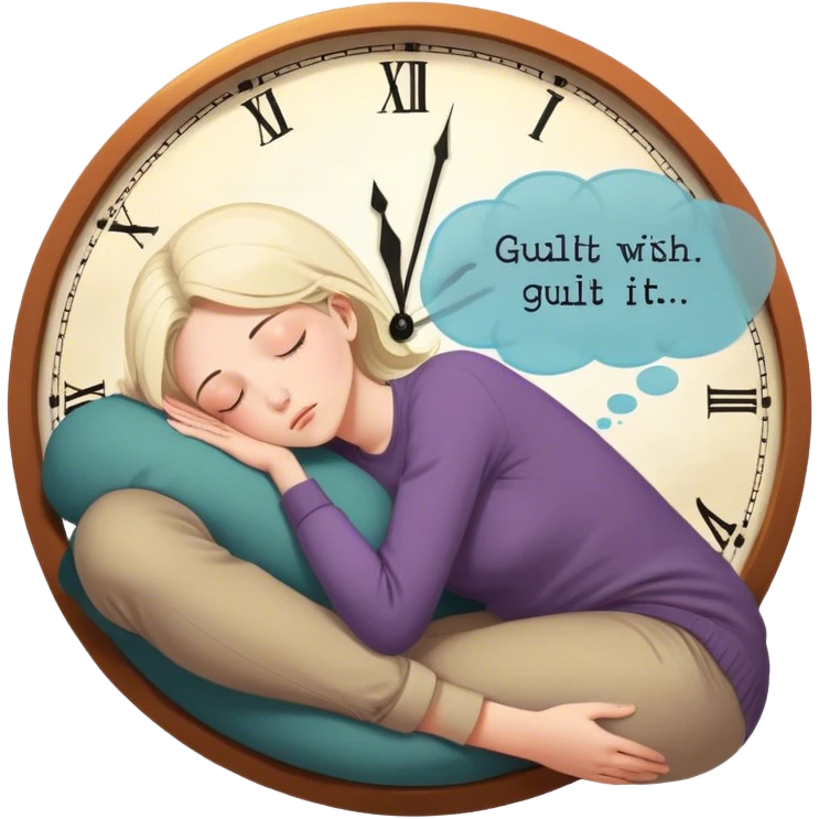 A person sits with their hands gently resting on their lap, eyes closed, exhaling slowly. Above them, a swirling thought bubble holds the words guilt and discomfort, but they don’t push it away—they just sit with it. In the background, a clock ticks softly, symbolizing the pause before responding.  emoji