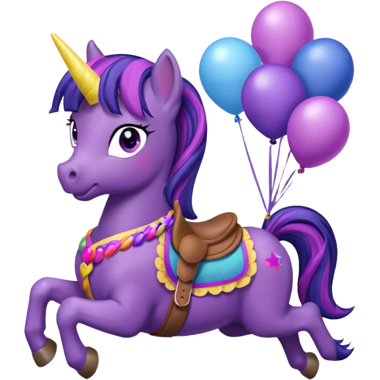 twillight sparkle mlp holding colorful balloons tied to its saddle, looking cheerful. emoji