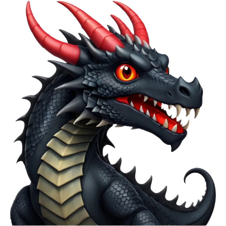 A black dragon with red eyes and great black horns. emoji