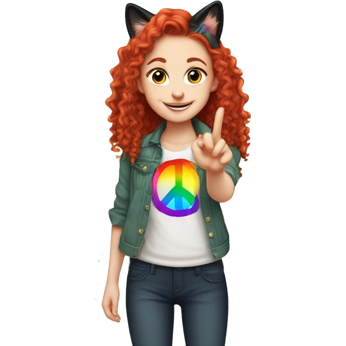 a white girl with long red curly hair in a pony tail with rainbow shirt does peace sign wearing cat ears one black other white emoji
