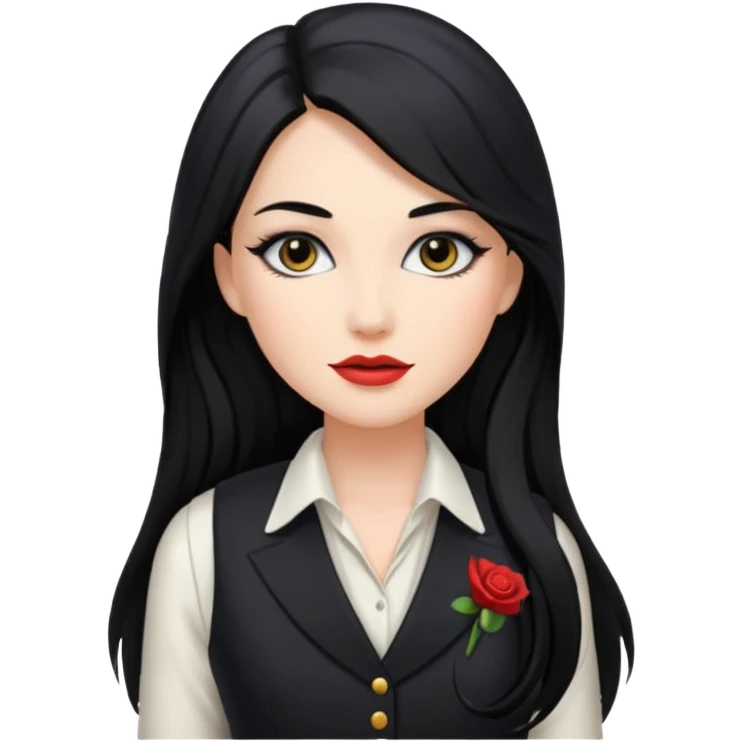 portrait of adult woman, formal vest, makeup, long black hair emoji