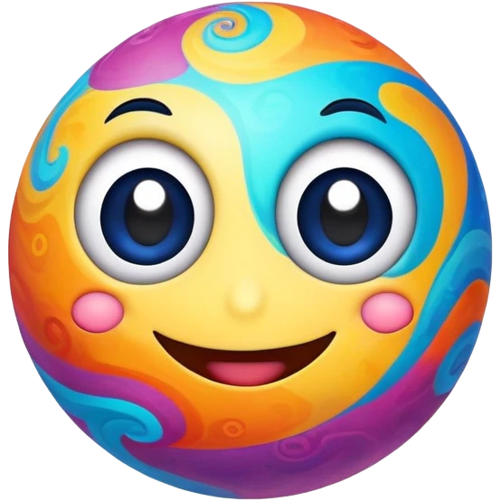 multicolored planet with swirls of bright colors and a happy smiling face with big eyes emoji