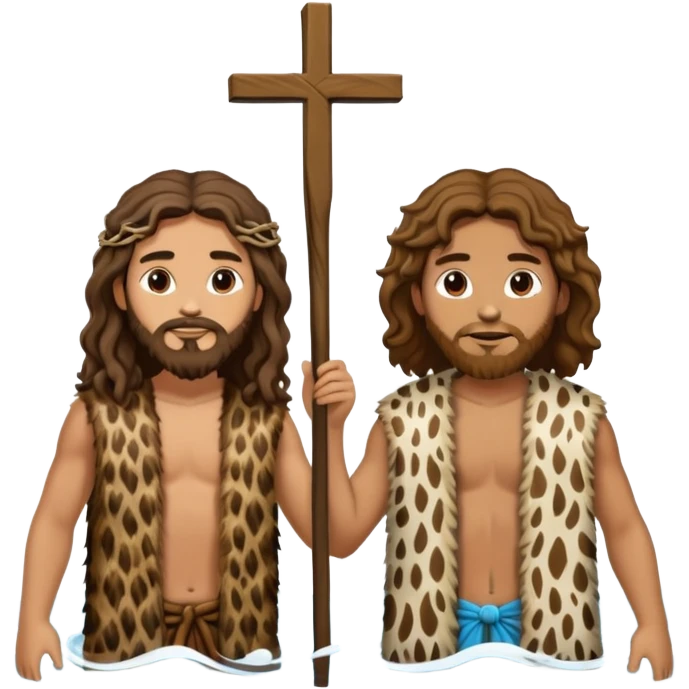 wavy hair John the Baptist, animal skin clothes, meets cousin Jesus in the water, they have clothes on emoji