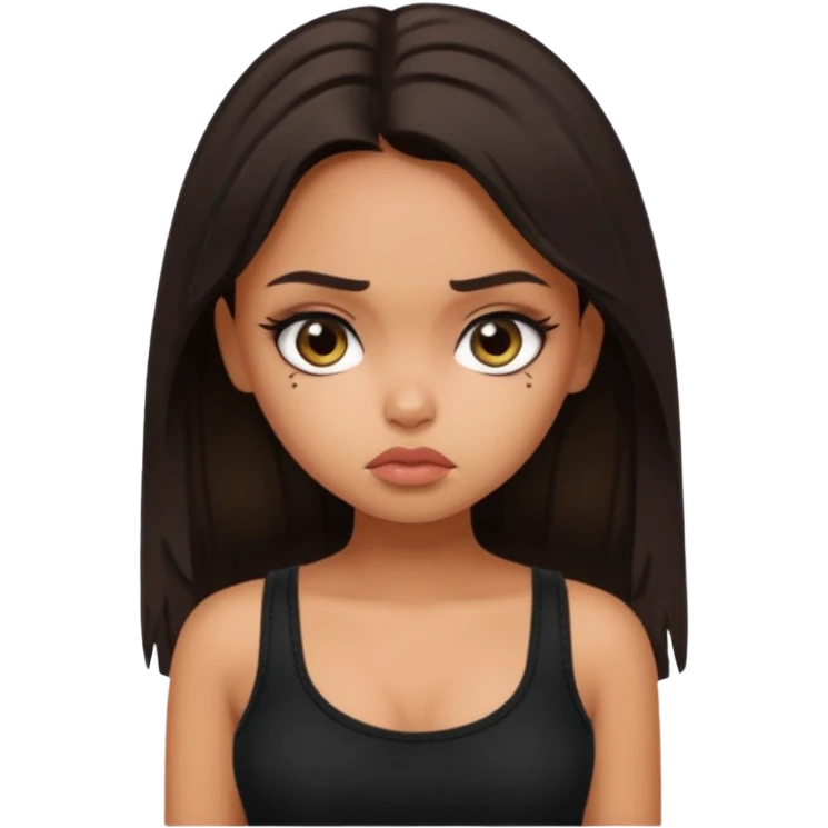 generate a pretty fair bratz girl with long dark brown hair looking sad. Wearing a black cami emoji