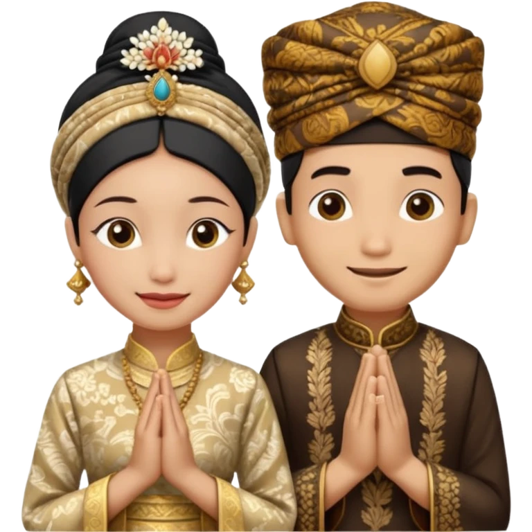 javanese person with shy smile (male) with batik blangkon hat and prayer hand, and also a javanese bride with sanggul or javanese classic updo and a shy smile emoji