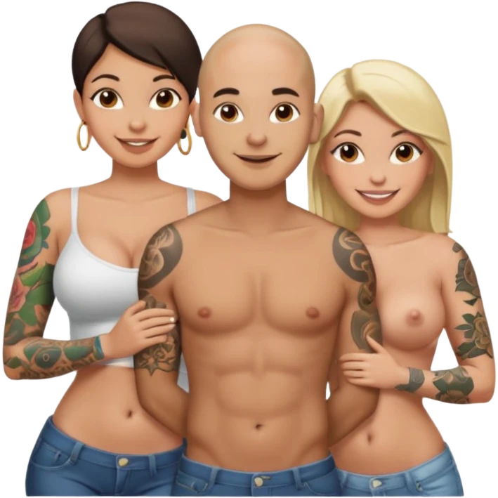 throuple tattooed sleeves bbald male with topless naked big boobed brunette and topless naked big boobed blonde girlfriends  lovingl  and sexy polygamy  emoji