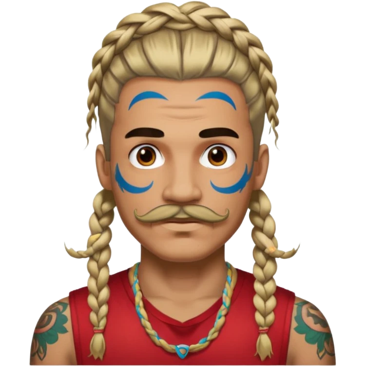 big lose braids starting from the top sides of the head man with mustache face wiith big visible loose only two braids and lots and lots of colored face tattoos colored tattoos like a tattoo artist hair unique color emoji